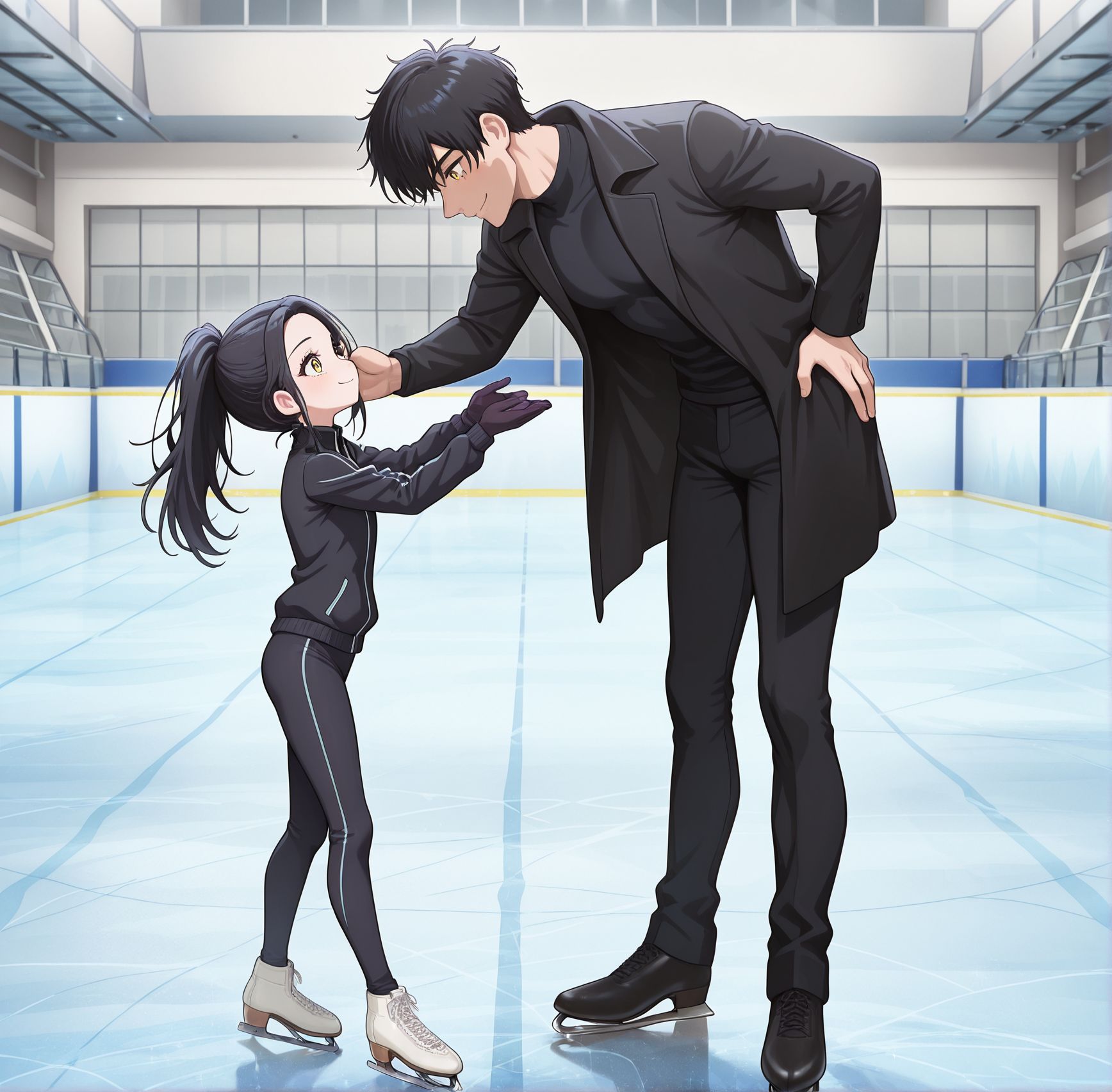 masterpiece,best quality,amazing quality,very aesthetic,absurdres,newest, huge filesize,
<lora:spo_sdxl_10ep_4k-data_lora_webui:0.5>,
<lora:add-detail-xl:1>
1girl, 1man, teaching,facing another, 
age difference, size difference,  front view,
Ice skating rink,
BREAK
1girl, 1man, teaching,facing another, 
age difference, size difference,  front view,
<lora:MedalistV1:1>MedalistV1,
m_hikari,
ponytail, 
gloves, 
black hair, 
smile, 
Golden Yellow eyes, 
black jacket, 
track jacket, 
track suit, 
long hair, 
Ice skating rink,
BREAK
1girl, 1man,  teaching,facing another, 
age difference, size difference,  front view,
male focus,
solo,
black hair,
black pants, black shirt,
open coat,
1man,cool,  
balck coat, 
Ice skating rink,