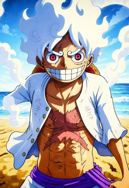 2D ( Portrait:1.1) 1Luffy in a beach, (best quality, masterpiece, detailed, highly detailed face) ,(high definition face:1.0),(detailed eyes:1.0) 8k,(Smilex2), (solo), amazing perspective, profesional composition ,
