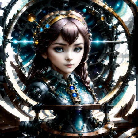 A steampunk-style telescope stands on a table in the laboratory,beautiful cute girl looking through a telescope, star map,
