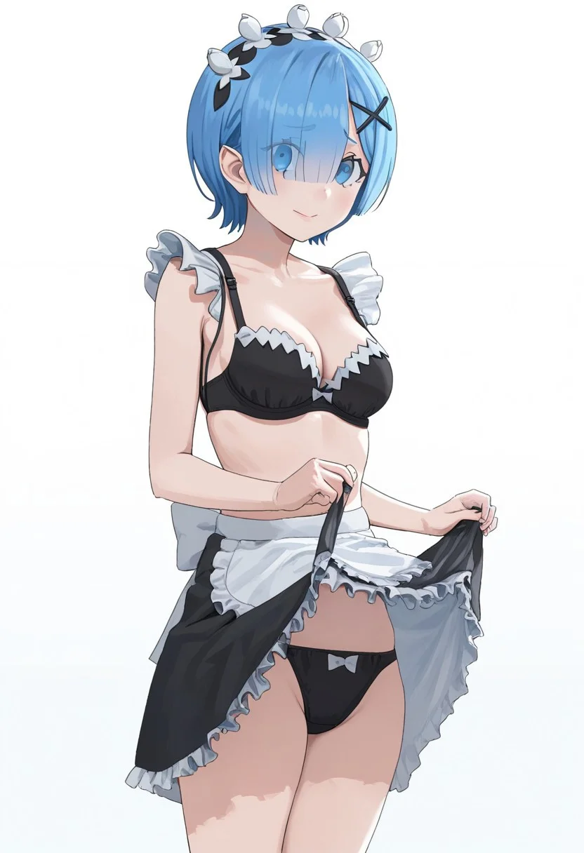 score_9, score_8_up,score_7_up,,carlom , 1girl, solo, breasts, looking at viewer, smile, short hair, bangs, blue eyes, skirt, simple background, hair ornament, white background, navel, cleavage, bare shoulders, medium breasts, closed mouth, underwear, blue hair, collarbone, panties, swimsuit, heart, bikini, cowboy shot, frills, alternate costume, miniskirt, black skirt, clothes lift, bra, hair over one eye, apron, maid, maid headdress, black panties, bare arms, black bikini, skirt lift, eyes visible through hair, x hair ornament, lifted by self, black bra, waist apron, white apron, maid bikini, rem (re:zero)