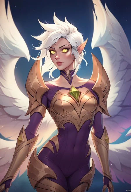 ((Vanripper style, Kayle ((League of legends)), (masterpiece, best quality, highly detailed) (Masterpiece:1.4), (best quality:1.2), , Kayle \(league of legends\), score_9, score_8_up, score_7_up, score_6_up, k4yle, kayle, 1girl, yellow eyes, long hair, pointy ears, white hair, wings, multiple wings, feathered wings, bodysuit, armor, breastplate, shoulder armor, gauntlets, <lora:Kayle_Default_v2:0.7>,portrait