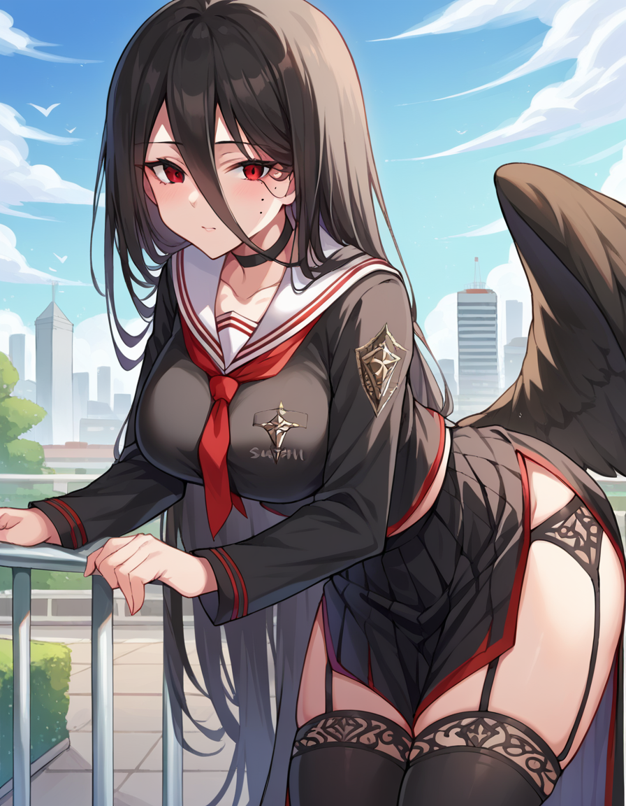 score_9, score_8_up, score_7_up, source_anime,
bluearchivehasumi, <lora:hasumi-hanekawa-ponyxl-lora-nochekaiser:1>,
hasumi, black hair, hair between eyes, long hair, mole, mole on breast, mole under eye, red eyes, wings, black wings, low wings, feathered wings,
black choker, black serafuku, black skirt, black thighhighs, garter straps, long sleeves, pleated skirt, school uniform, serafuku, side slit, skirt, thighhighs, white collar, whie sailor collar,
outdoors, cityscape, bent over,
looking at viewer, dutch angle, cowboy shot,
