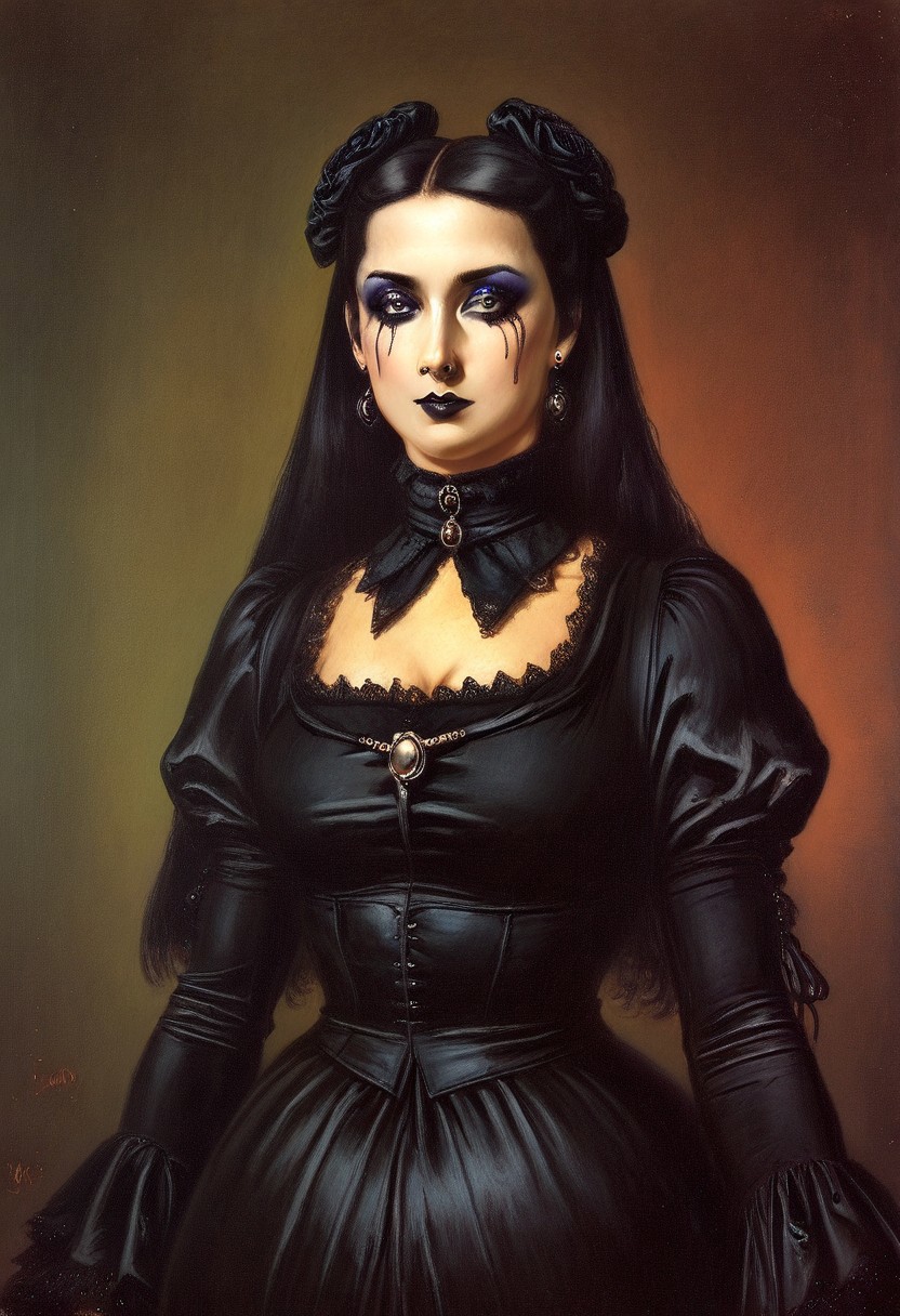 JanMatejkoStyle-IL.V1.0, oil painting, traditional media, classic media, 1girl, goth girl, gothic, makeup, runny makeup