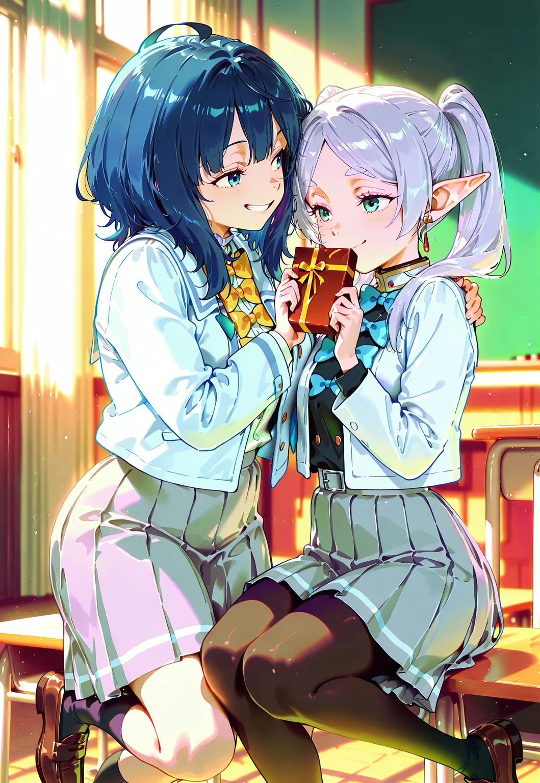 score_9, score8_up, score_7_up, source_anime, masterpiece, best quality, amazing quality, 2girls, cute girls, hugging, happy, smiling, looking at each other, full of love, detailed hand, indoors, in classroom, detailed background, cinematic lighting
BREAK frieren, holding box of chocolate, white dress, white hair, tie, pantyhose, pleated skirt, grey skirt
BREAK anna-default, yanami anna, blue eyes, blue hair, medium hair, school uniform, white jacket, long sleeves, bowties, grey skirt, pleated skirt, black socks, loafers