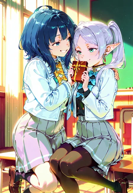 score_9, score8_up, score_7_up, source_anime, masterpiece, best quality, amazing quality, 2girls, cute girls, hugging, happy, smiling, looking at each other, full of love, detailed hand, indoors, in classroom, detailed background, cinematic lighting
BREAK frieren, holding box of chocolate, white dress, white hair, tie, pantyhose, pleated skirt, grey skirt
BREAK anna-default, yanami anna, blue eyes, blue hair, medium hair, school uniform, white jacket, long sleeves, bowties, grey skirt, pleated skirt, black socks, loafers