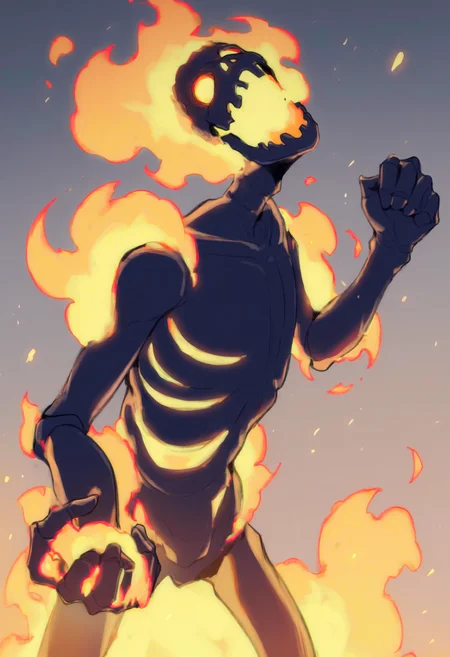 <lora:Infernal_12:1>, solo, 1other, skeleton, flaming eyes, fiery hair,
fire, burning, silhouette, clenched fist, open mouth, looking at viewer, open mouth, very awa, masterpiece, best quality, highres, absurdres