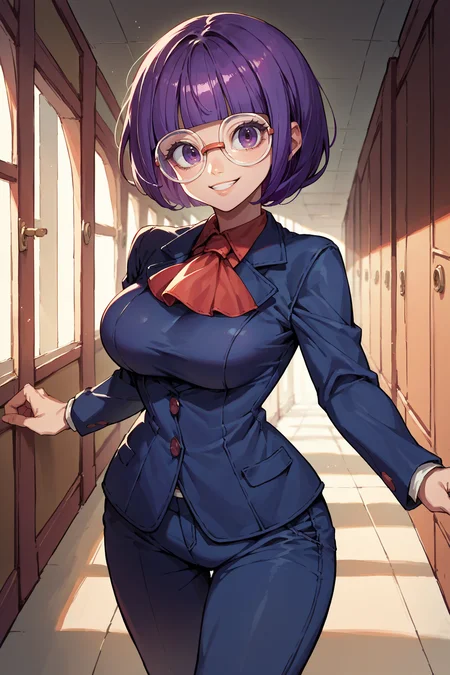 score_9, score_8_up, score_7_up, score_6_up, source_anime, 1girl, solo, <lora:pkmnshauntal-pdxl-nvwls-v1-000004:1> shauntal, purple hair, blunt bangs, bob cut, short hair, purple eyes, round glasses, large breasts, dark blue blazer, red ascot, dark blue pants, hallway, looking at you, smile