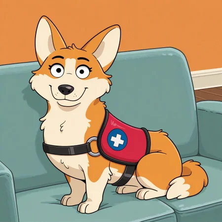 Elsa(HB), Solo, 1girl, feral, dog, Welsh Corgi, orange and white fur, black eyes, black nose, dog tail, red service dog vest, full body, looking at viewer, smile, sitting on couch, living room background,