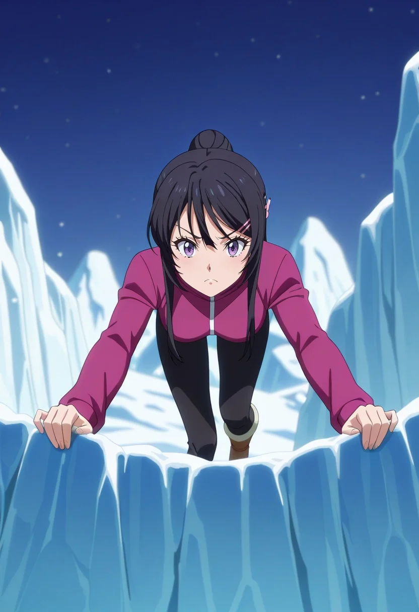 masterpiece, best quality, anime screencap, anime coloring, official style, , , 1girl, mai sakurajima, black hair, purple eyes, solo, frost peak, icy cliffs, snow-filled caverns, frozen trails, climbing pose, determined expression, winter dawn, <lora:tensura_style_ilxl:1>, tensura_style,