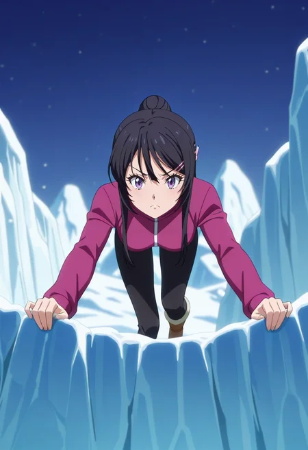 masterpiece, best quality, anime screencap, anime coloring, official style, , , 1girl, mai sakurajima, black hair, purple eyes, solo, frost peak, icy cliffs, snow-filled caverns, frozen trails, climbing pose, determined expression, winter dawn, <lora:tensura_style_ilxl:1>, tensura_style,