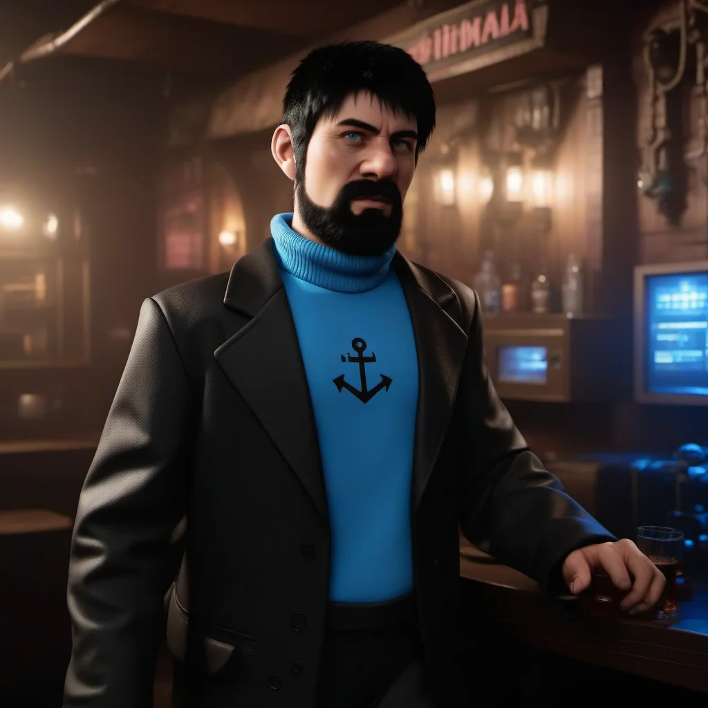 cinematic photo full body portrait robotic man , black hair, blue techno shirt, black techno jacket, blush, black techno pant, facial hair, cyberpunk tavern<lora:Haddock1024:0.8> . 35mm photograph, film, bokeh, professional, 4k, highly detailed