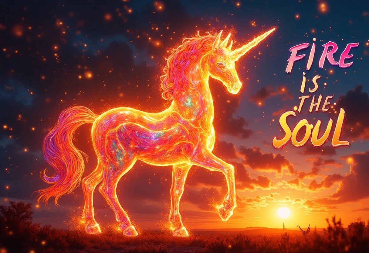A Bright and cheery unicorn made of fire and rainbows. A sparkling sunset peeking on the Horizon. Text that sais "FIRE IS THE SOUL!" in a beautifull font like a inspirational quote.