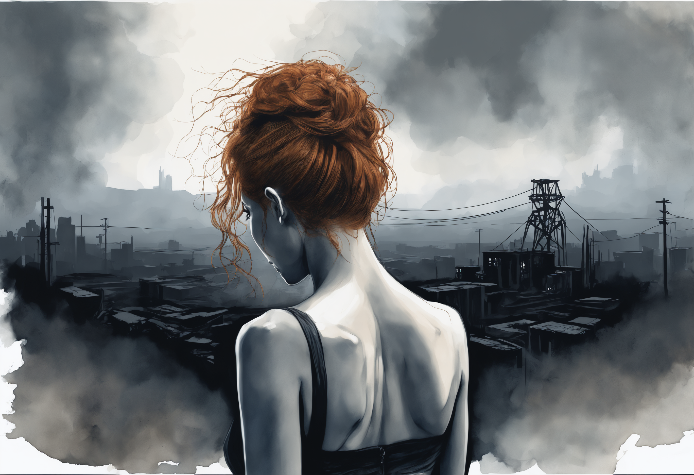 a watercolor painting of a female, from behind.
Her (ginger undone hair:1.2) covers part of her beautiful face and bare chest, cold blue eyes. 

There is diffuse, misty and smoky atmosphere around her, giving the picture a menacing element. 
The picture is photographed in a monochromatic scheme, mainly with shades of black, white and gray.

(dystopian style, highly detailed, bleak, post-apocalyptic, somber, dramatic)
