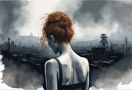 a watercolor painting of a female, from behind.
Her (ginger undone hair:1.2) covers part of her beautiful face and bare chest, cold blue eyes.
There is diffuse, misty and smoky atmosphere around her, giving the picture a menacing element.
The picture is photographed in a monochromatic scheme, mainly with shades of black, white and gray.
(dystopian style, highly detailed, bleak, post-apocalyptic, somber, dramatic)