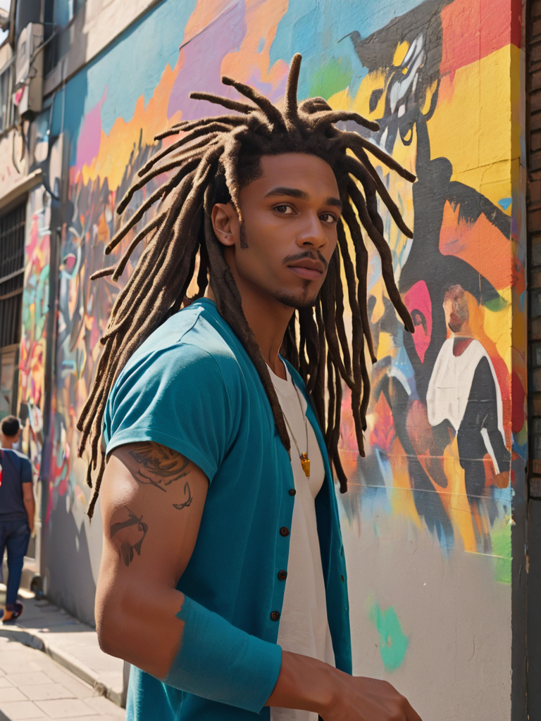 absurdres,masterpiece,sharp focus,extreme detail description,male focus,abs, Multiple young men with artistic dreadlocks, creating a (large, colorful mural) on a city wall, (urban scenery) and passersby watching. Art Style: retro art style; Composition: urban landscape; Artistic Style: 80s movie; Art Type: Collage; Artistic Movement: Abstract art; Perspective: wide shot; Fantasy elements: vibrant paint; Light: afternoon sun, strong shadows.