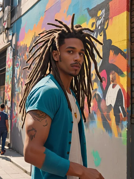 absurdres,masterpiece,sharp focus,extreme detail description,male focus,abs, Multiple young men with artistic dreadlocks, creating a (large, colorful mural) on a city wall, (urban scenery) and passersby watching. Art Style: retro art style; Composition: urban landscape; Artistic Style: 80s movie; Art Type: Collage; Artistic Movement: Abstract art; Perspective: wide shot; Fantasy elements: vibrant paint; Light: afternoon sun, strong shadows.