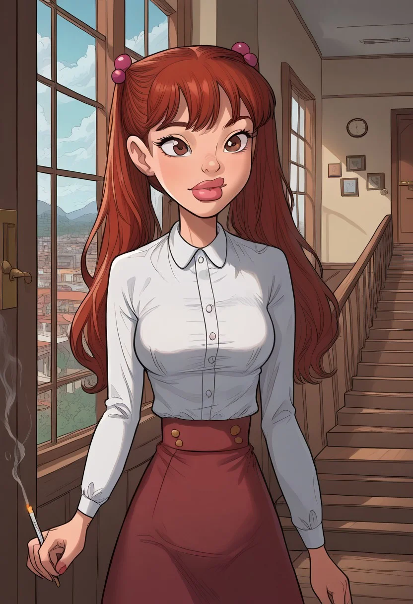 score_9, score_8_up, score_7_up, detailed, detailed body, detailed face,
Expressiveh, flat color, fca style, toon \(style\), 2d, BREAK,
(stairs, window, indoors, scenery, door, ceiling light, hallway, railing), upper body, standing, (smoking cigarette, smoke), BREAK,
juliah, (stunning beauty:1.4), perfect cute face, red hair, thick lips, 1girl, long hair, white blouse, red skirt, hair bobbles, twintails, brown eyes
