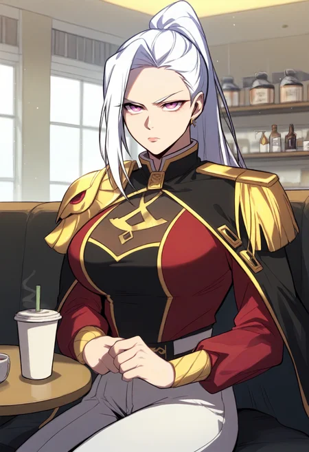 score_9, score_8_up, score_7_up, score_6_up, source_anime, rating_explicit, 1girl, solo, huge breasts, <lora:Baek Hwayeon prefectPonyxl:0.85> long hair, white hair, purple eyes, pink eyes, high ponytail, red eyes, high collar, shoulder armor, epaulettes, (black cape:1.1), red jacket, long sleeves, black shirt, black belt, white pants, serious, cafe, indoors, looking at viewer, sitting, on sofa, table