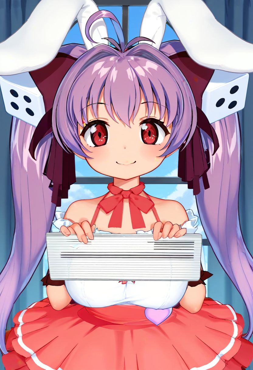 score_9, score_8_up, score_7_up, best quality, uncensored, source_anime,
BREAK
1girl, usada_hikaru, ahoge, rabbit ears, dice hair ornament, ahoge, purple hair, twintails, red eyes, ribbon choker, wrist ribbon, dress, usada_hikaru_outfit, red frills skirt, bare shoulders,
little smile, standing, mugshot, looking at viewer, upper body, portrait, close-up face, facing viewer, indoors,
<lora:sdxl_lightning_8step_lora:1> <lora:usadahikaru_XL(pony)rev2:0.8:1:lbw=0,0,0,0,0,0,0,0,0,1,0,1,0.8,0,1,1,0,1,1,0>