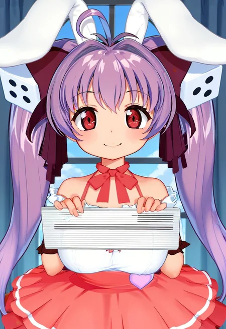score_9, score_8_up, score_7_up, best quality, uncensored, source_anime,
BREAK
1girl, usada_hikaru, ahoge, rabbit ears, dice hair ornament, ahoge, purple hair, twintails, red eyes, ribbon choker, wrist ribbon, dress, usada_hikaru_outfit, red frills skirt, bare shoulders,
little smile, standing, mugshot, looking at viewer, upper body, portrait, close-up face, facing viewer, indoors,
<lora:sdxl_lightning_8step_lora:1> <lora:usadahikaru_XL(pony)rev2:0.8:1:lbw=0,0,0,0,0,0,0,0,0,1,0,1,0.8,0,1,1,0,1,1,0>