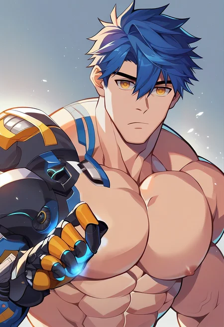 <lora:V2 CartoonyMen:1>, score_9, score_8_up, score_7_up, 1boy, solo, male focus, masculine, (Cartoony), thick outlines, portrait, blue hair, (bangs), hair between eyes, yellow eyes, empty_eyes, android, mechanical_arms, robot, muscular male, bodybuilder, large pectorals, shirtless, plump pecs, male breasts, perfect proportions, perfect anatomy, manly, handsome, macho, hunk, masculine, anime, BREAK
simple background, back lighting, light particles, dramatic lighting