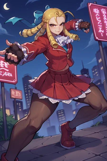 score_9, score_8_up, score_7_up, score_6_up, source_anime, BREAK 1girl, solo <lora:sfkarin-pdxl-nvwls-v1-000006:1> sfkarin, blonde hair, drill hair, hair bow, white ascot, red jacket, long sleeves, red skirt, frilled skirt, pantyhose, fingerless gloves, fighting stance, looking at you, night, city, neon sign, night sky, looking at viewer, smirk, dynamic pose, ,
