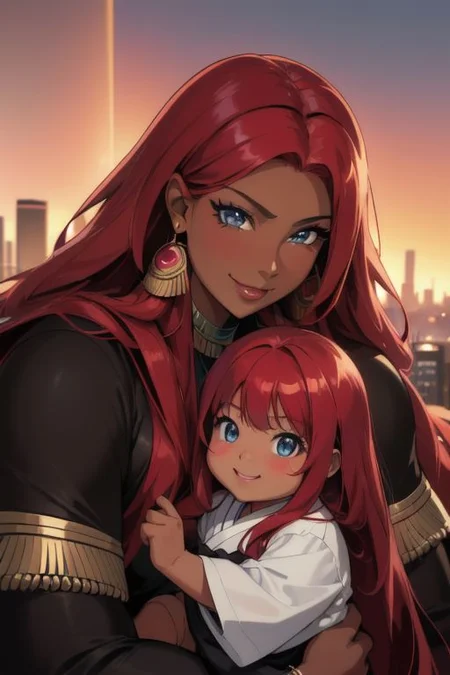 masterpiece, best quality, ultra realistic, 8k uhd, very high quality, extremely detailed face:, very dark skin and very muscular Egyptian-Japanese mother holding her very dark skin female toddler, both are smiling and happy, both have very dark skin as well as bright blue eyes and absurdly long ruby red hair, super long ruby red hair, muscles, city background