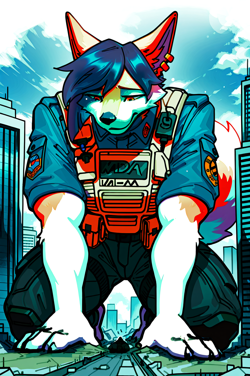 masterpiece, best quality, newest, absurdres, highres, furry, perfect anatomy, solo, korean_jindo, kirina violet, earrings, (macro:0.4), blue combat shirts, tan plate carrier, black combat pants, MDA patch, full body portrait, crouching, worried, hands on ground, buildings, orange eyes, by pederont