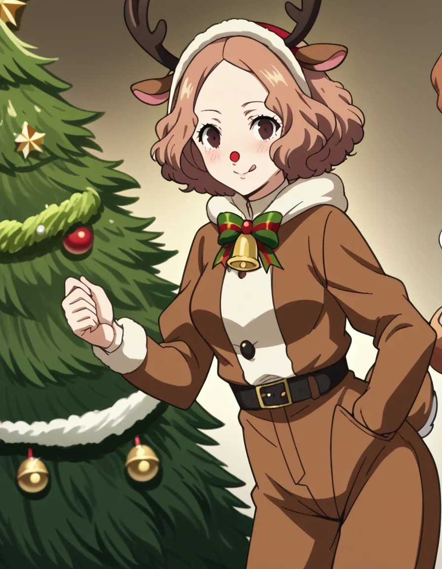 score_9, score_8_up, score_7_up, source_anime, <lora:haru-okumura-s1-ponyxl-lora-nochekaiser:1>, haru okumura, brown eyes, brown hair, short hair, medium breasts, anime screencap, <lora:reindeer-costume-ponyxl-lora-nochekaiser:1>, reindeer costume, animal costume, reindeer antlers, antlers, fake antlers, reindeer hood, christmas, red nose, deer ears, deer tail, christmas tree, bell, horns, reindeer,, blush, smile, tongue out, looking at viewer,, , dutch angle, cowboy shot