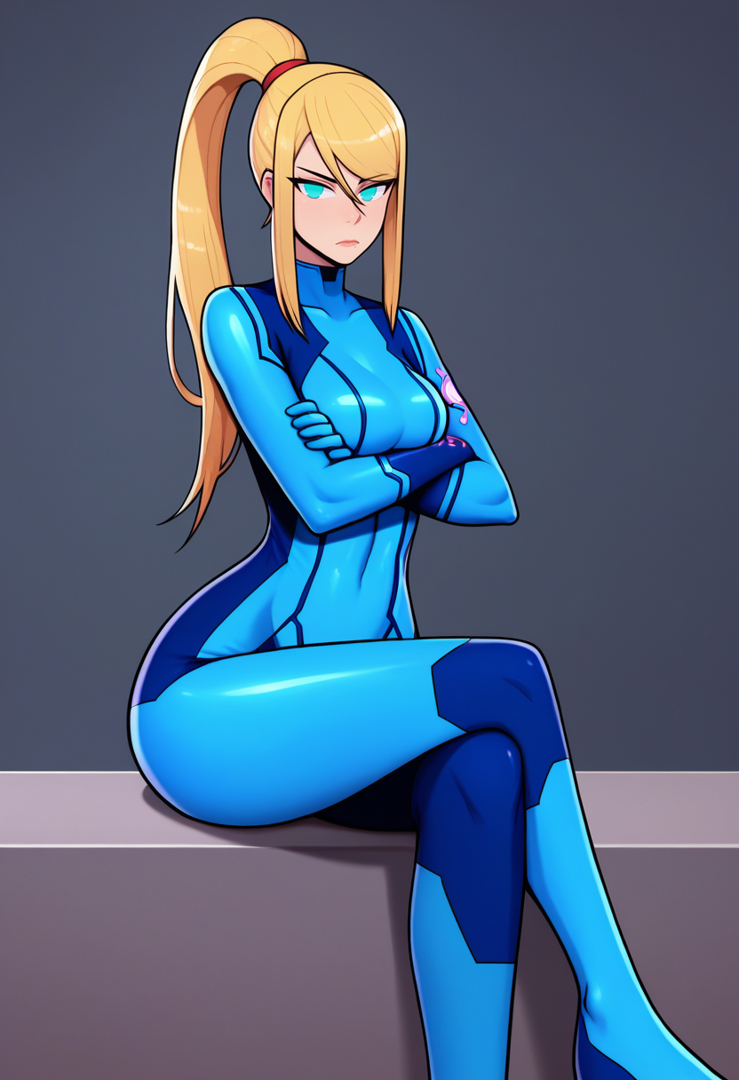 score_9, score_7_up, BREAK   <lora:kannelart-guy-PONYv1:1>, no pupils, 1girl, solo, samus aran, zero suit, crossed legs, crossed arms, standing, wide hips, skin tight, blue bodysuit,