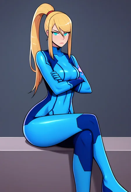 score_9, score_7_up, BREAK <lora:kannelart-guy-PONYv1:1>, no pupils, 1girl, solo, samus aran, zero suit, crossed legs, crossed arms, standing, wide hips, skin tight, blue bodysuit,