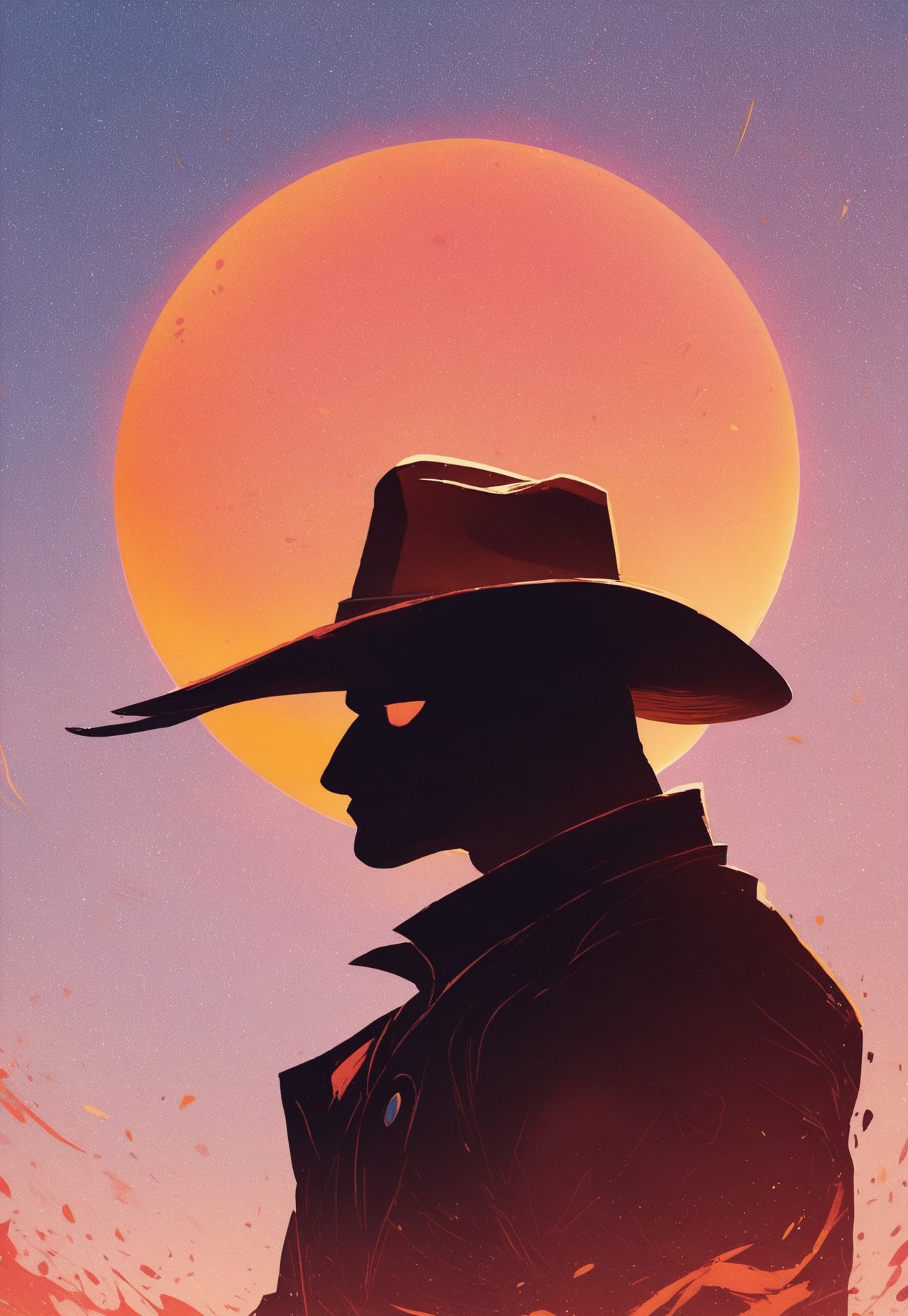 score_9, score_8_up, score_7_up, score_6_up, score_5_up, score_4_up, 
western, gradient orange and purple sky, single silhouette of 1male  cowboy (cowboy hat, shadow outline) silhouette on the right side of the painting standing, looking into the sunset away from viewer,