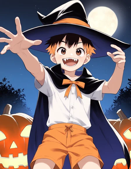 score_9, score_8_up, score_7_up, score_6_up, source_anime, Halloween, night, jack-o-lantern, full moon, 1boy, solo, young, black hair, orange hair, multicolored hair, brown eyes, bangs, witch hat, cape, white shirt, orange shorts, candy, smile, fangs, reaching <lora:a6_AMXL_v1g-ShoAI:1>
