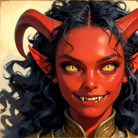 score_9,score_8_up, score_8,
dark, brooding,
1girl, portrait, cowboy shot, tiefling, long hair, black hair, wavy hair, horns, red skin, yellow eyes, slit pupils, armor, fangs, happy,
<lora:Expressive_H:0.5> <lora:Dungeons_and_Dragons_Art_Style-000003:1>