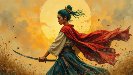 <lora:flux-collagestyle.safetensors:1> darkfantasycollagestyle
In the fading light of a dusty sunset, a formidable woman stands resolutely in a vast, open landscape. Her turquoise hair, bound high in a topknot with a golden ribbon, catches the last rays of the sun, casting a warm, earthy glow. Her fierce determination is etched in the lines of her face, her eyes narrowed with purpose. She wears a traditional white kimono-style top, blue hakama pants, and a flowing red cape that flutters behind her, adding to her dynamic presence. Her katana, held firmly in her hand, glints with the subtle hues of the setting sun.
The scene is framed by a low, dynamic camera angle, emphasizing her powerful stance and the strength of her mid-punch. Around her, splashes of water arc through the air, each droplet caught in the warm, directional light. The background is a minimalist expanse of warm, earthy tones—dusty oranges, tans, and desaturated greens—hinting at an ancient, worn world. Subtle, grainy textures and imperfect detailing suggest the passage of time and the wear of many battles.
The composition is layered, with detailed, engaging elements in the foreground and a cleaner, more open background. Cross-hatching and gradients are used sparingly to hint at depth and shadow, creating a sense of vastness and isolation. The overall tone is adventurous and slightly melancholic, reflecting a journey of both struggle and triumph.