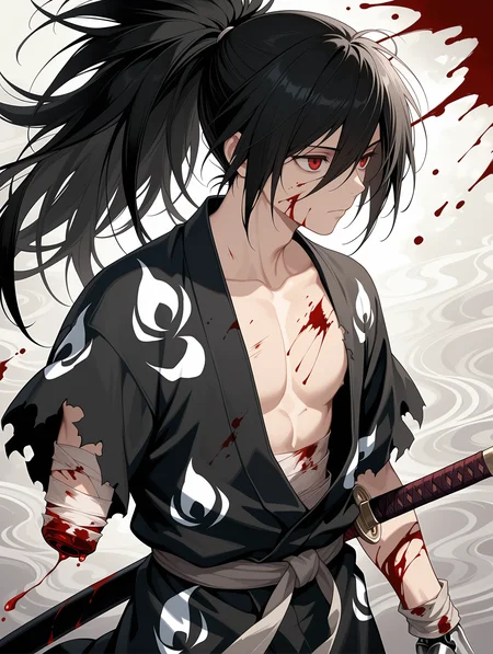 hyakkimaru \(dororo\) , 1boy, black hair, black kimono, blood, blood on arm, blood on bandages, blood on chest, blood on clothes, blood on face, blood splatter, closed mouth, collarbone, hair between eyes, japanese clothes, katana, kimono, long hair, looking ahead, male focus, pectorals, ponytail, prosthesis, prosthetic hand, red eyes, sheath, sheathed, solo, torn clothes, torn kimono , ((amputee)) ,abstract background,
,masterpiece,best quality,amazing quality,