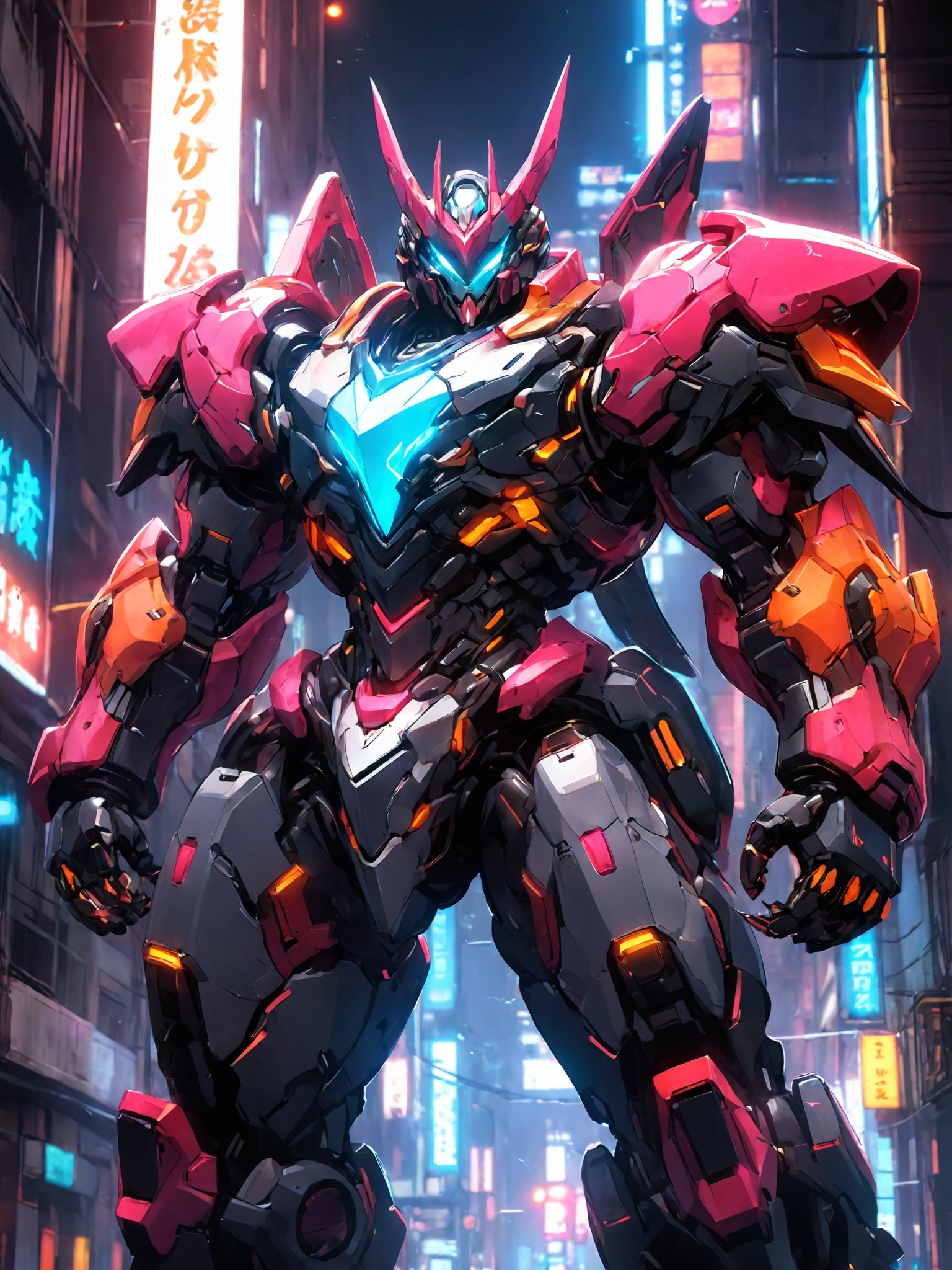 Conceptual design illustration of a neon robot with thick limbs and heavy armor,teeth and claws,cyberpunk,mecha anime style,colorful,science fiction,<lora:p7-nijimecha-000009:0.7>,nijimecha,<lora:Hyper-SDXL-4steps-lora:0.8>,