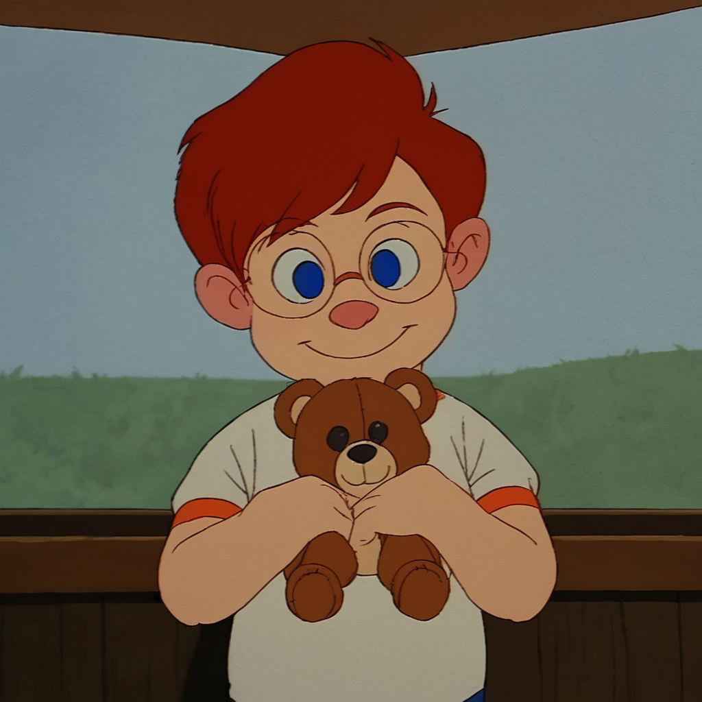 <lora:Young_Rob_McGroarty_Brave_Little_Toaster:1>, solo, male child, 1boy, red hair, blue eyes, glasses, standing up, score_9_and_up, score_8_and_up, score_7_and_up, BREAK, retro, smile, holding teddy bear