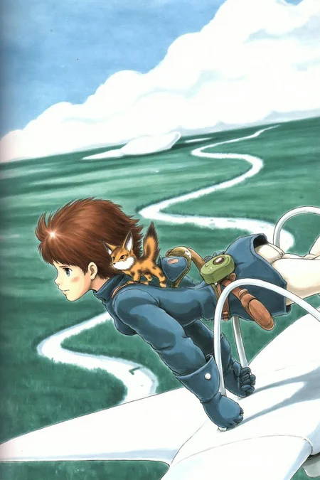 miyaha1 manga illustration.
A young woman on a high-flying adventure. The scene shows a you woman, with short, tousled brown hair, wearing a dark blue coat with a high collar, and gloves, She is flying on a white hand glider. there is a small fox like squirrel on her shoulder. <lora:miyaha1_cap_d6a3e12:1.0><lora:818051181222950099:0>