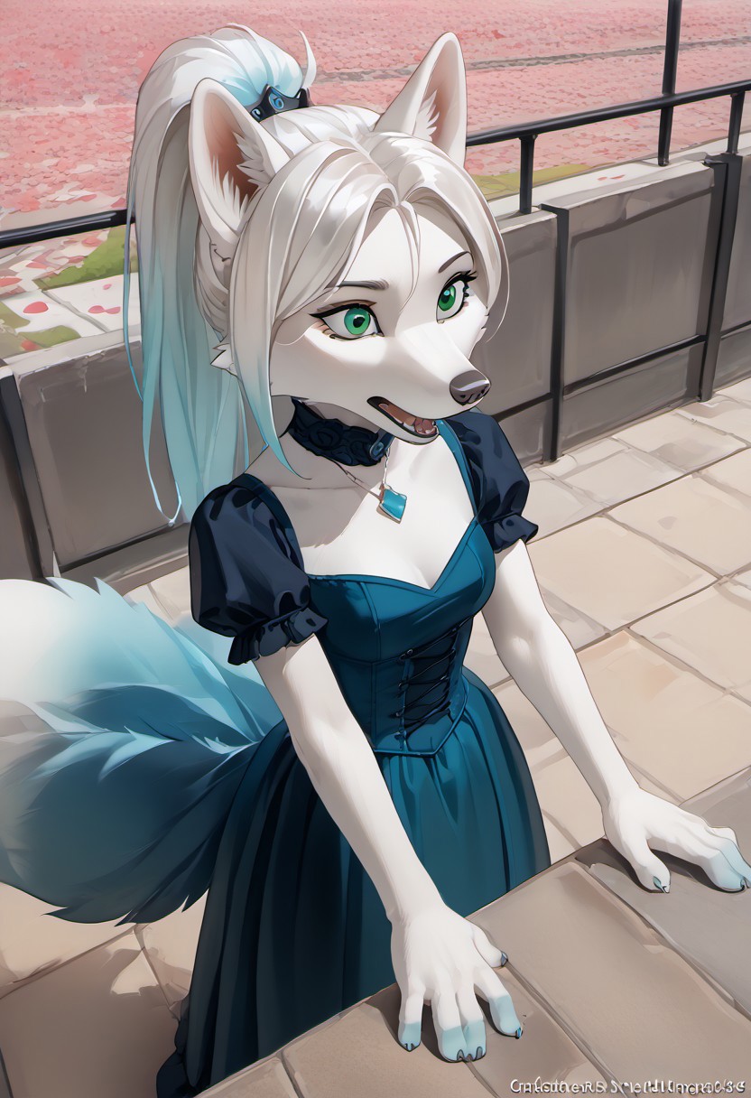 The furry arctic fox (turquoise (#30d5c8) fur) has turquoise colored fur all over its body, with white hair pulled back in a ponytail and green eyes, the female. The emphasis is on the face, a well-developed face, well-developed hands, well-developed legs. Dressed in a gothic red dress. It stands on a pedestal. He stands controlling the blue flame. The petals of the flame are woven into the fur. The darkness is all around. View from above. an adult girl about 25 years old