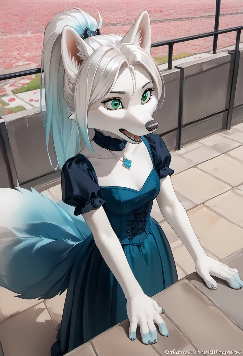 The furry arctic fox (turquoise (#30d5c8) fur) has turquoise colored fur all over its body, with white hair pulled back in a ponytail and green eyes, the female. The emphasis is on the face, a well-developed face, well-developed hands, well-developed legs. Dressed in a gothic red dress. It stands on a pedestal. He stands controlling the blue flame. The petals of the flame are woven into the fur. The darkness is all around. View from above. an adult girl about 25 years old