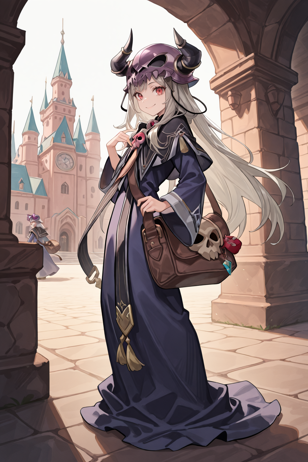 masterpiece, very aesthetic, absurdres, best quality, amazing quality, high resolution, <lora:illustrious_quality_modifiers_masterpieces_v1:0.8> , <lora:ChamIllustriousBackgroundEnhancer:0.5>,  solo, <lora:NecromancerIL:0.8> , necdef, 1boy, red eyes, long hair, grey hair, skull, horned helmet, horns, fake horns, skull brooch, black capelet, robe, long sleeves, bag, full body, from side, looking at viewer, smile, academy, towers, castle ramparts, exterior,