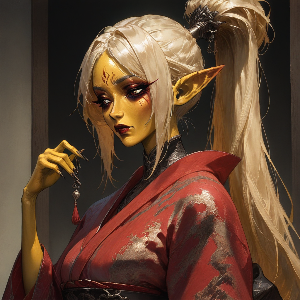 masterpiece, best quality, newest, absurdres, highres, GDILV1.0, dark fantasy, 1girl, asian, asian female, elf, elf girl, pointy ears, long hair, yellow skin, blonde hair, golden colored skin, kimono, red kimono, ponytail long ponytail, high taied ponytail, makeup, mascara,