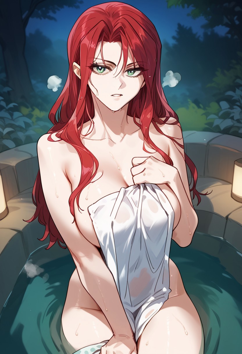 zPDXL3, score_9_up, score_8_up, score_7_up, (Anime_source), 1girl,AstinaLette, green eyes, red hair, long hair, bun hair, nude, towel, covering, parted lips, sitting in hot tub, outside, night, trees, cowboy shot, steam, wet, looking at viewer, from above