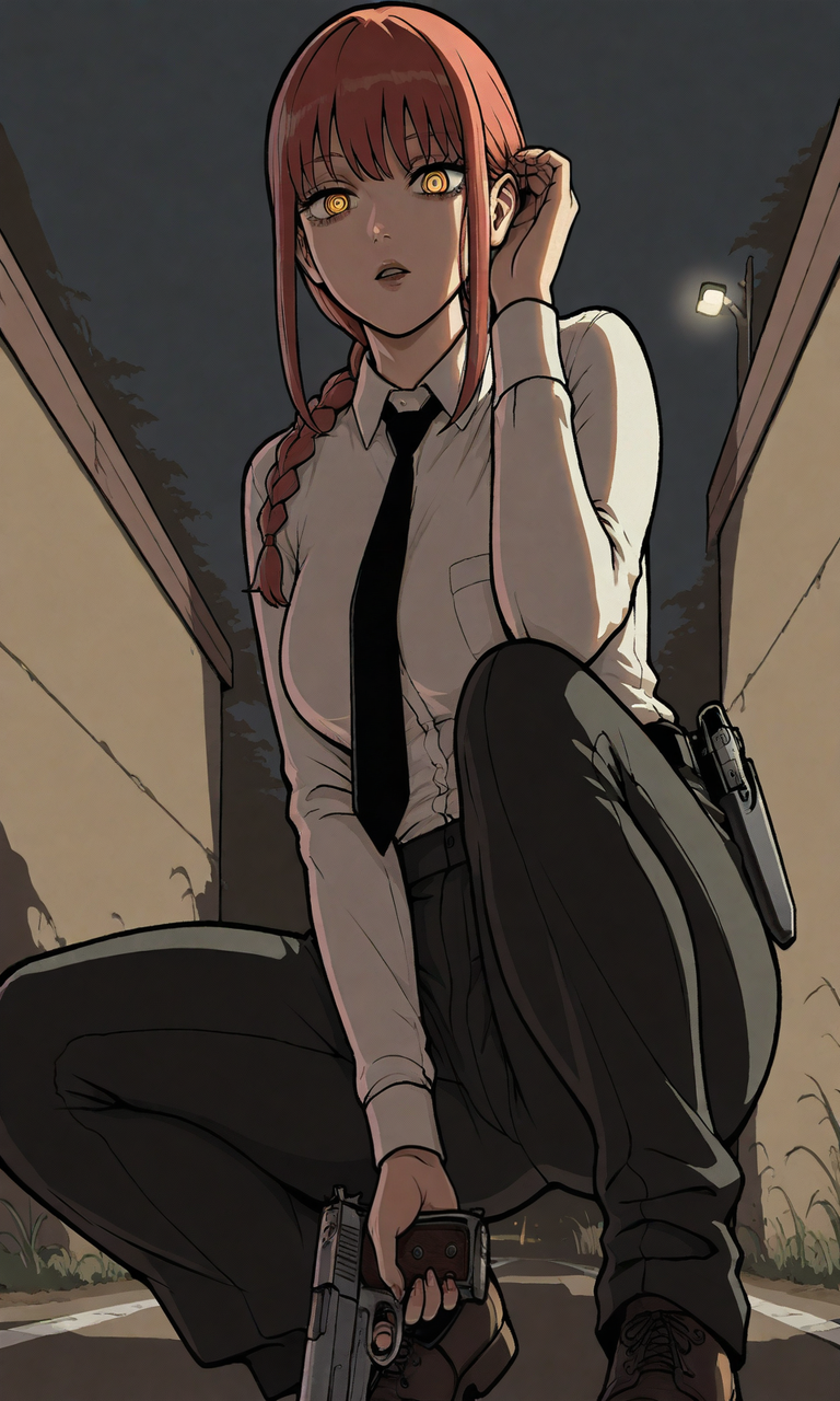 embedding:IllusP0s, GTASA-LS-ILV1.0, makima_\(chainsaw_man\), ringed pupils, white shirt, black tie, contrast lighting, parted lips, outdoors, holding gun, handgun, night, squatting, knee on elbow, looking at viewer, from below,<lora:GTA_SA_Style_-_IL-000014.safetensors:1.0:1.0>