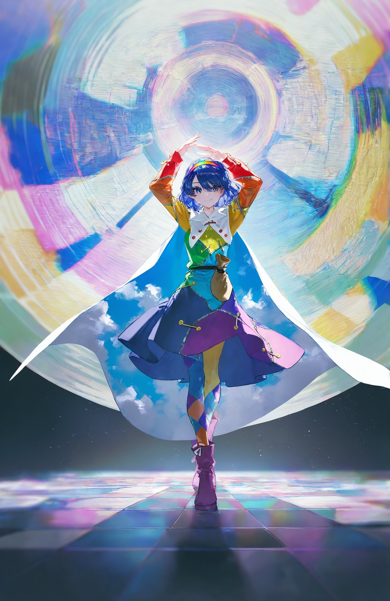 tenkyuu_chimata, 1girl ,rella, quasarcake:0.7, rolua, optical illusion, negative space, saturday_night_fever,blue_hair, breasts, cape, hairband , looking_at_viewer ,multicolored_hairband, pantyhose, purple_eyes ,short_hair ,smile, solo, sweat ,white_cape, disc,  disco,CDs,  dance_floor, dancing,wide shot,
<lora:illustrious_noobai_epsilon_pred_1_best_quality_v1:0.7> ,<lora:illustrious_noobai_epsilon_pred_1_masterpieces_v1:0.7>, <lora:ponyv4_noob1_2_adamW:0.5>, <lora:add_details_xl:0.7>, <lora:CDs_SDXL:1>,
masterpiece, best quality, amazing quality, very aesthetic, absurdres, newest,
