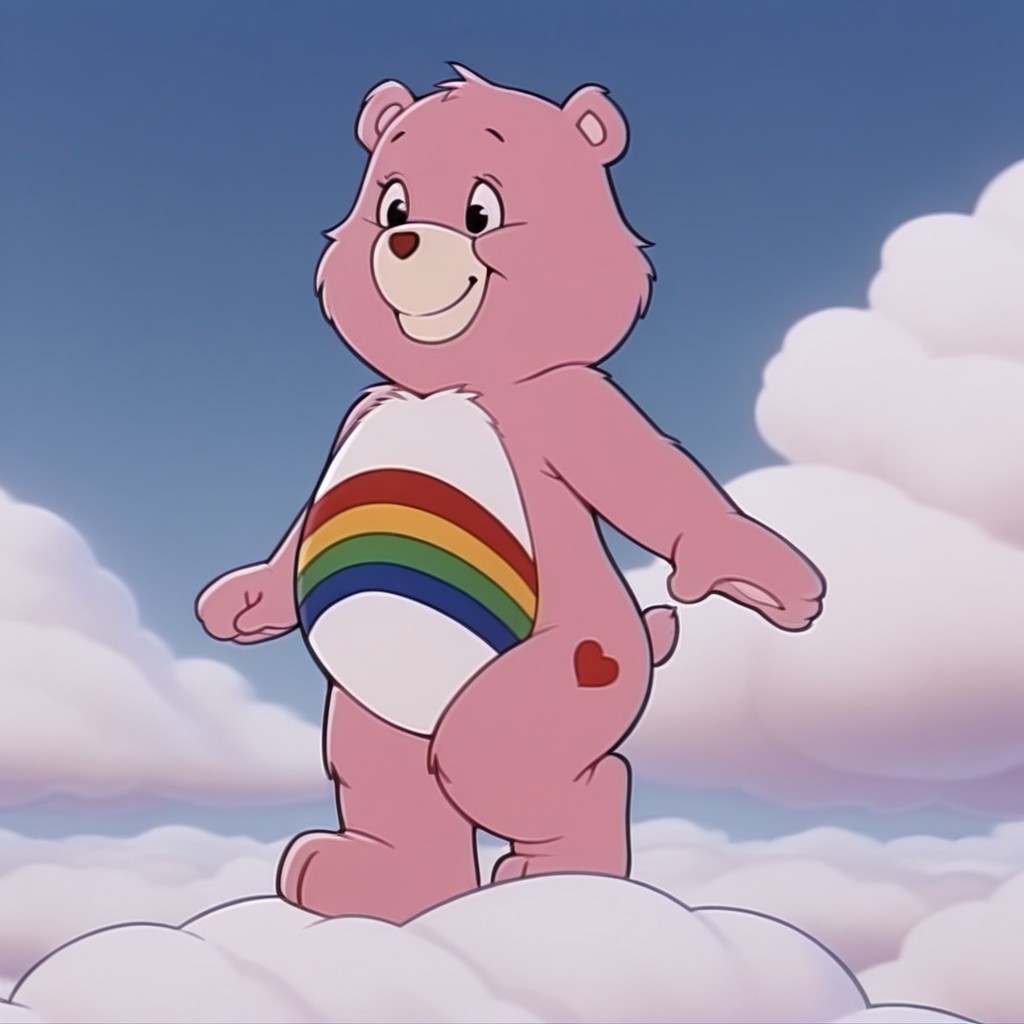 masterpiece, best quality, amazing quality, cheerbearil, semi-anthro, female, bear_girl, pink fur, black eyes, tummy symbol, standing, on a cloud, smile