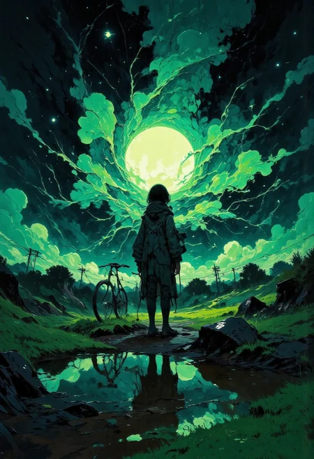 The provided image depicts a young woman standing before a bicycle, gazing at a night sky filled with stars and a large, luminous moon. The scene is set along a road, with power lines and a distant town visible in the background. The overall mood is peaceful and contemplative, with a touch of dreamy, ethereal quality. The style is digital painting or illustration, reminiscent of anime or similar art styles. The color palette is predominantly dark greens and blues, with highlights of brighter greens and the pale light of the moon. The rendering is smooth, with a focus on atmospheric perspective and the interplay of light and shadow. The reflection of the scene in a puddle on the road adds to the overall sense of tranquility and mystery