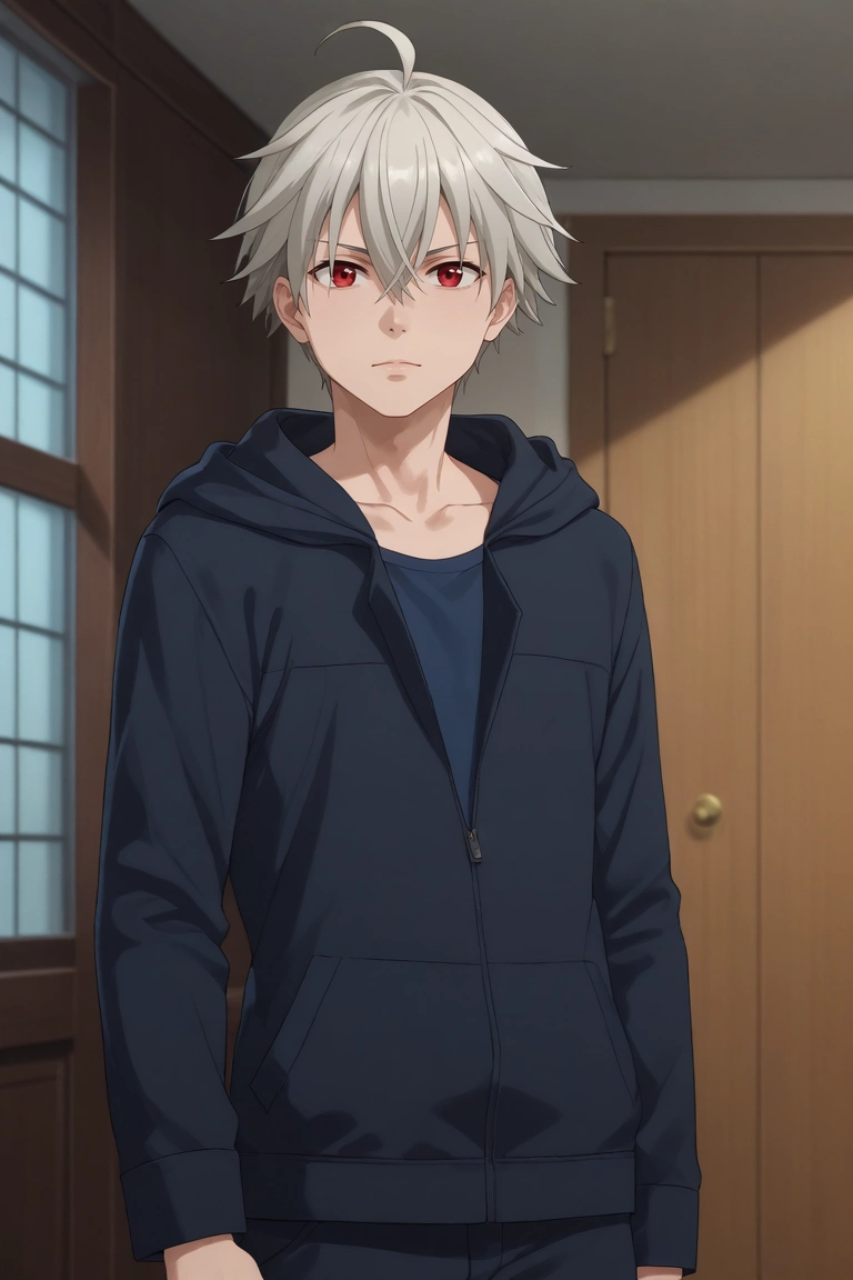 score_9, score_8_up, score_7_up, source_anime, rating_safe, intricate details, (realistic:0.6), looking at viewer, , 1boy, solo, male focus, <lora:yoshio_kobayashi_pony:0.74>, yoshio_kobayashi, grey hair, red eyes, short hair, hair between eyes, ahoge, cowboy shot, school, indoors, light, legs together, distracted, aloof, oblivious, ,, <lora:sdxl_lightning_8step_lora:1>