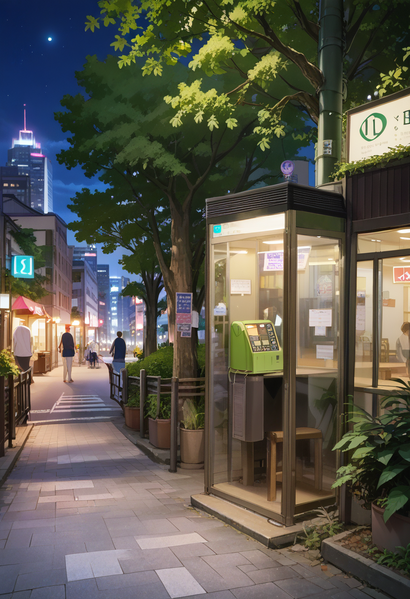 score_9, score_8_up, score_7_up, rating_safe, masterpiece, best quality, absurdres, unity 8k wallpaper, official art, official style, source_anime, uncensored, game cg, megami magazine,
payphone, telephone box, scenery, tree, lamppost, building, night, sky, road, fence, city, sign, night sky, outdoors, 
 <lora:DenwaBoxJP_PONY_V1:1>